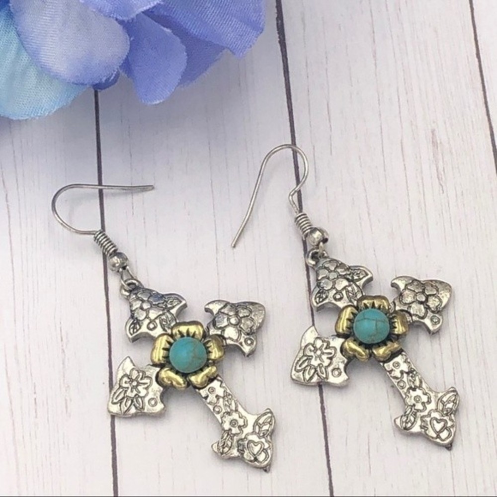 🌼 Cross Turquoise Dot 2-Tone Dangle Earrings